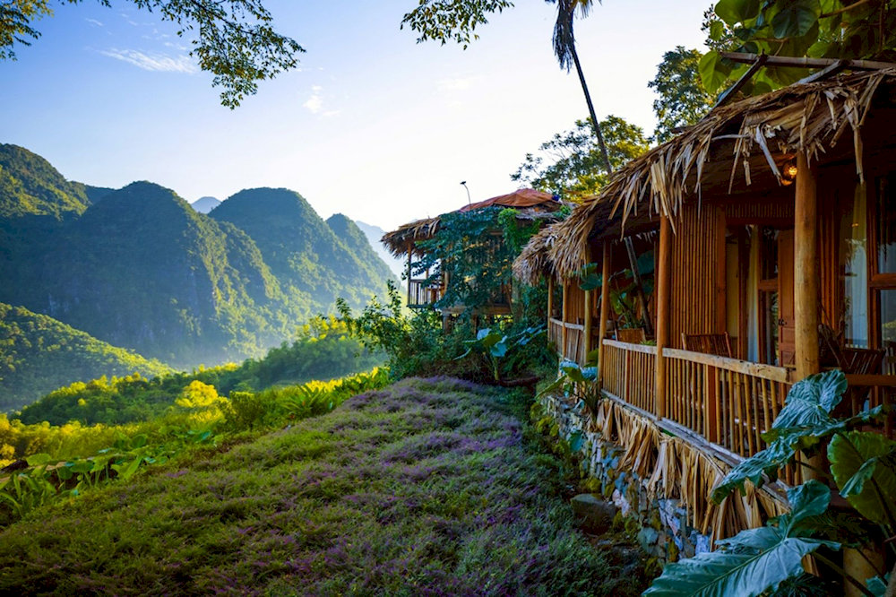 Traditional Thai stilt houses rise above the valley floor in Pu Luong, showcasing the distinctive architecture of local ethnic communities
